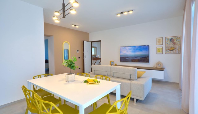 New modern apartment sea and Aeolian Islands view with balcony and terrace