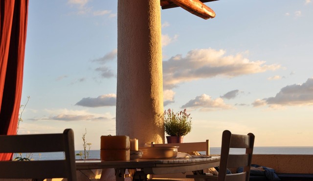 Terrace and garden overlooking Stromboli and Panarea,